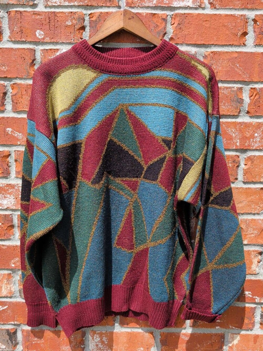 Oaktree Colorblock Sweater Mens L Burgundy Blue Argyle Knit Pullover